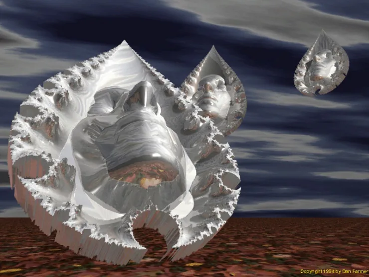 in this paean to bizarre, artist Dan Farmer concocts a surprise shower of fractal raindrops sprouting human faces over a desolate plain